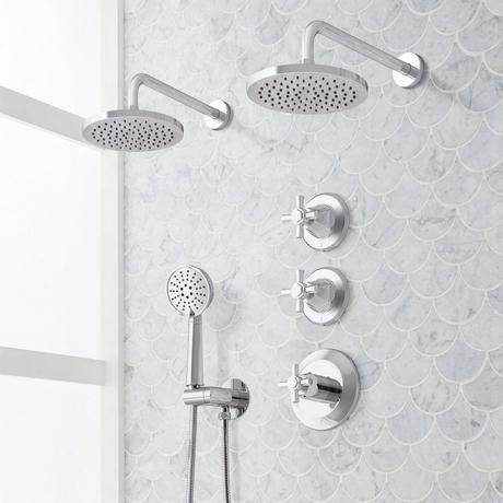 Elita Thermostatic Shower System With Dual Showerheads and Hand Shower - Cross Handles