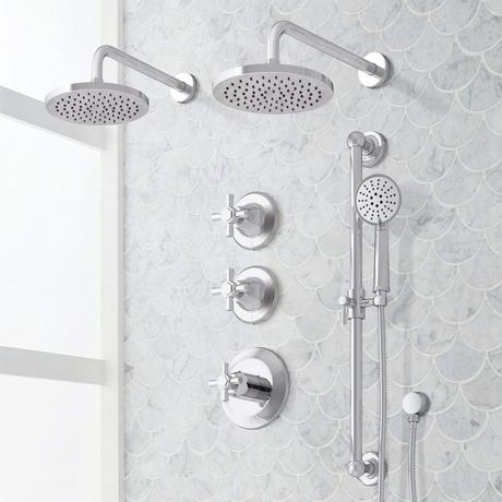 Elita Thermostatic Shower System - Dual Showerheads, Slide Bar and Hand Shower - Cross Handles