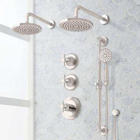 Elita Thermostatic Shower System - Dual Showerheads, Slide Bar and Hand Shower - Cross Handles