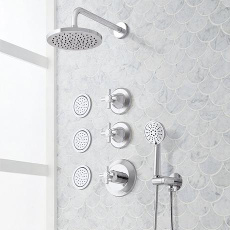 Elita Thermostatic Shower System With 3 Body Sprays and Hand Shower - Cross Handles