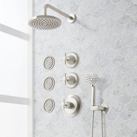 Elita Thermostatic Shower System With 3 Body Sprays and Hand Shower - Cross Handles