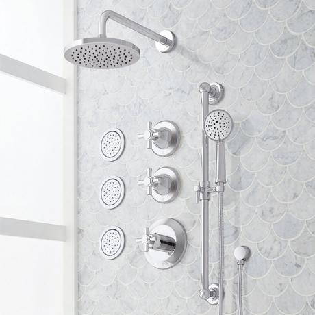 Elita Thermostatic Shower System - 3 Body Sprays, Slide Bar and Hand Shower - Cross Handles