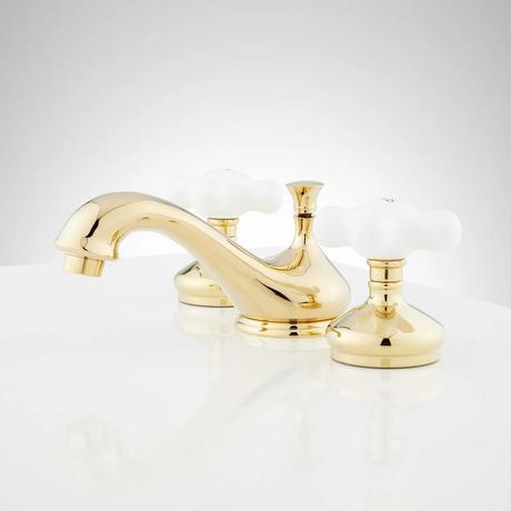 Teapot Widespread Bathroom Faucet - Large Porcelain Cross Handles - Overflow - Polished Brass