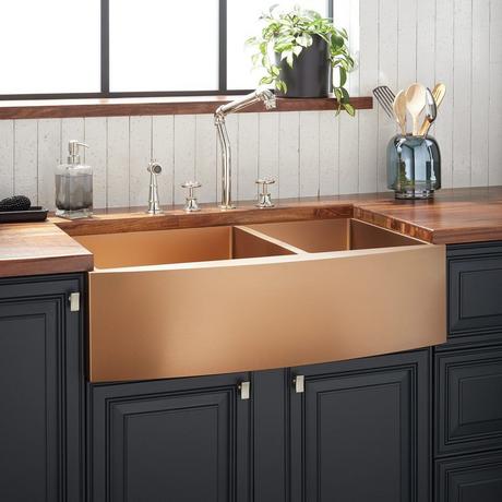 36" Atlas 60/40 Offset Double-Bowl Stainless Steel Farmhouse Sink - Curved Apron - Bronze