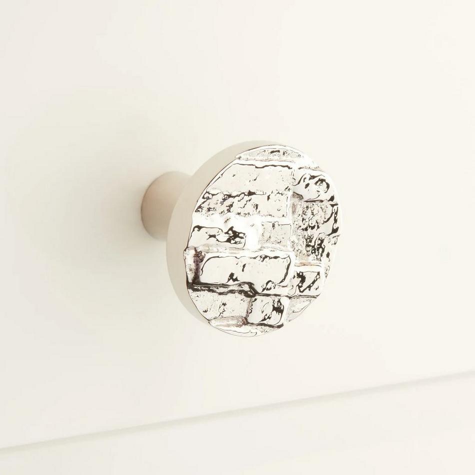 2" Brick Pattern Solid Brass Round Cabinet Knob - Satin Nickel, , large image number 0