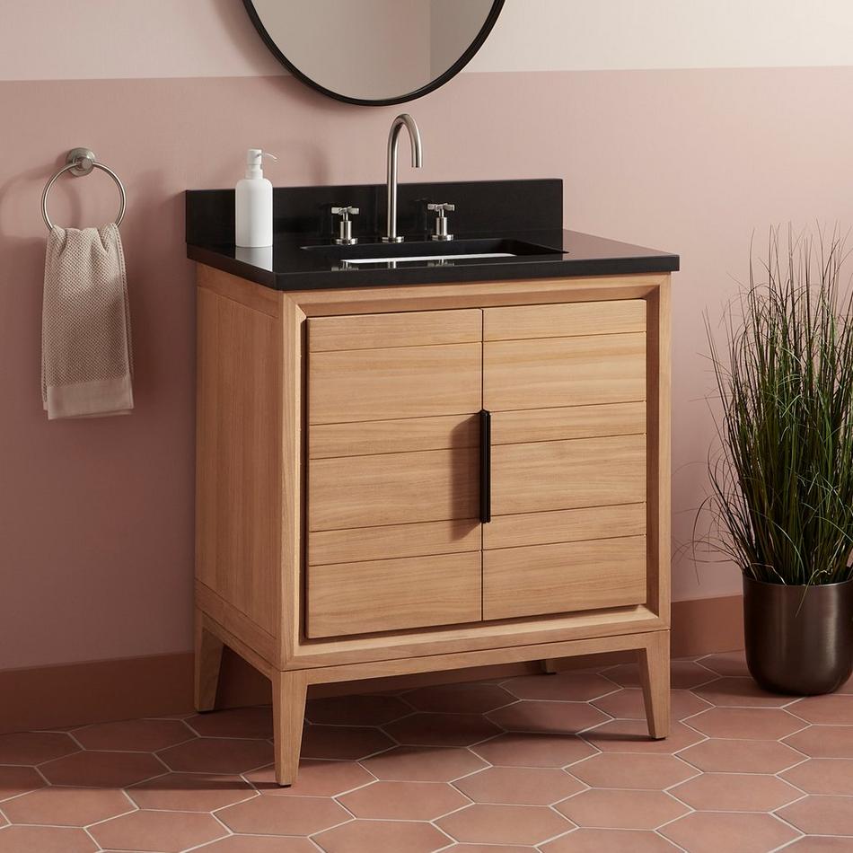 30" Aliso Teak Vanity for Rectangular Undermount - Natural Teak - Carbon Black 8" - White Sink, , large image number 0