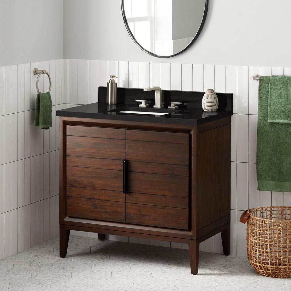 36" Aliso Teak Vanity with Rectangular Undermount Sink - Java - Carbon Black Quartz Widespread, , large image number 0