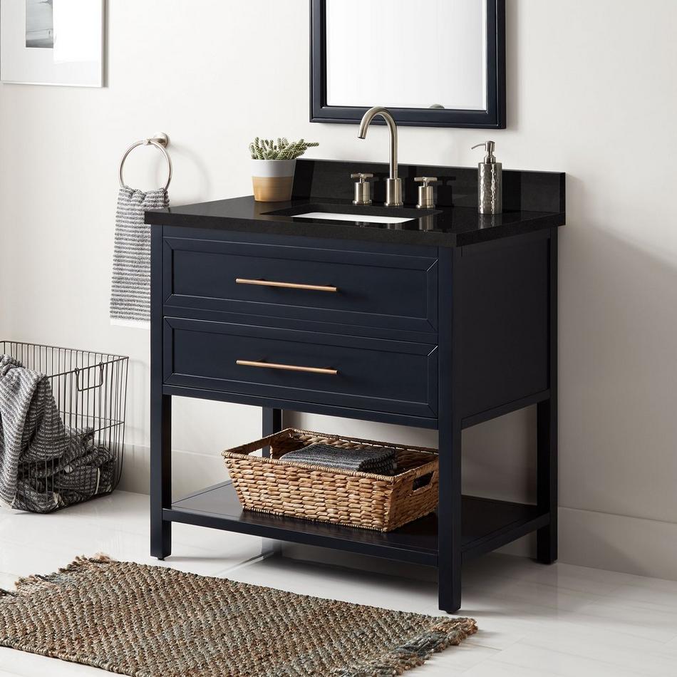36" Robertson Vanity Cabinet - Midnight Navy Blue- Carbon Black Quartz- 8" Drillings - Rec UM Sink, , large image number 0