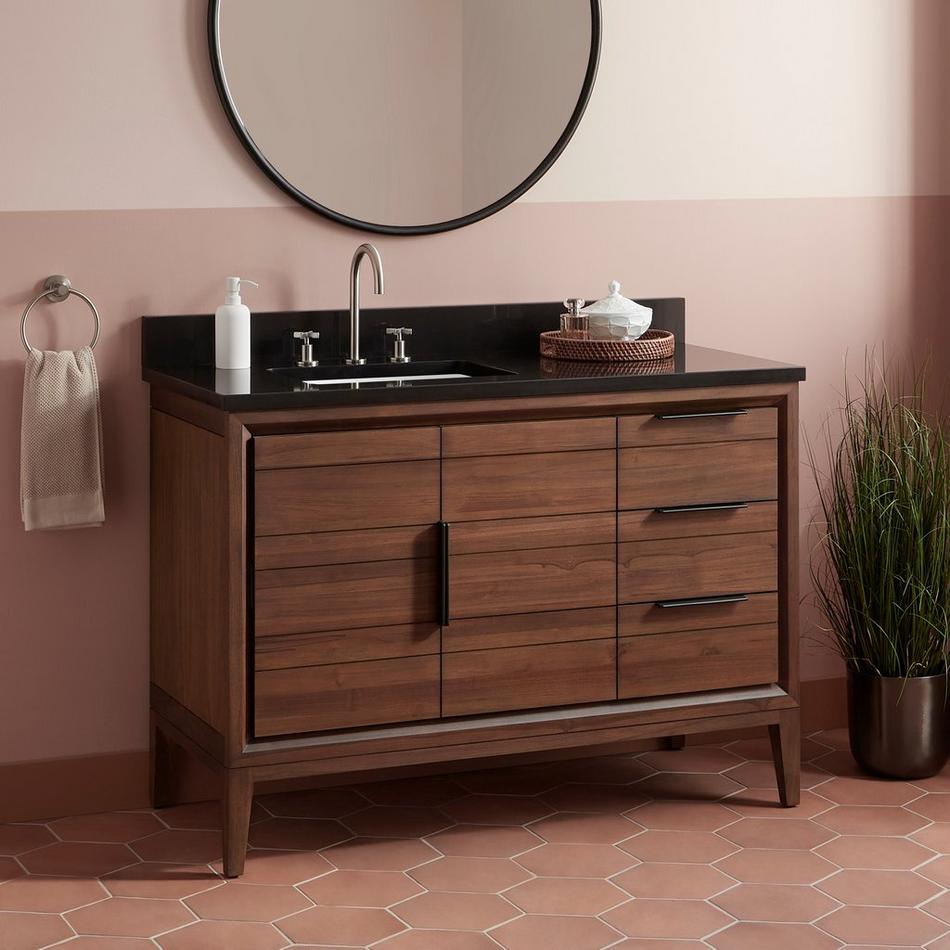 48" Aliso Teak Vanity for Left Offset Rectangular Undermount Sink - Java - Carbon Black 8" - White, , large image number 0