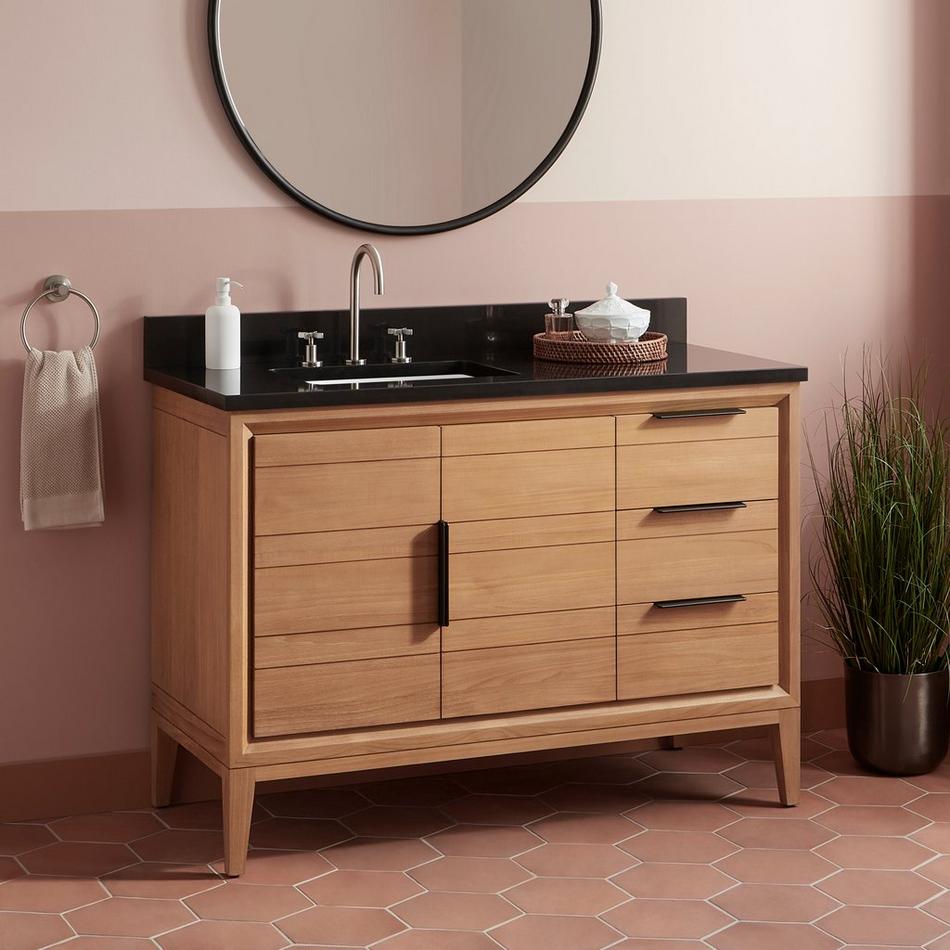 48" Aliso Teak Vanity with Left Offset Rect Undermount Sink - Natural Teak - Carbon Black Widespread, , large image number 0