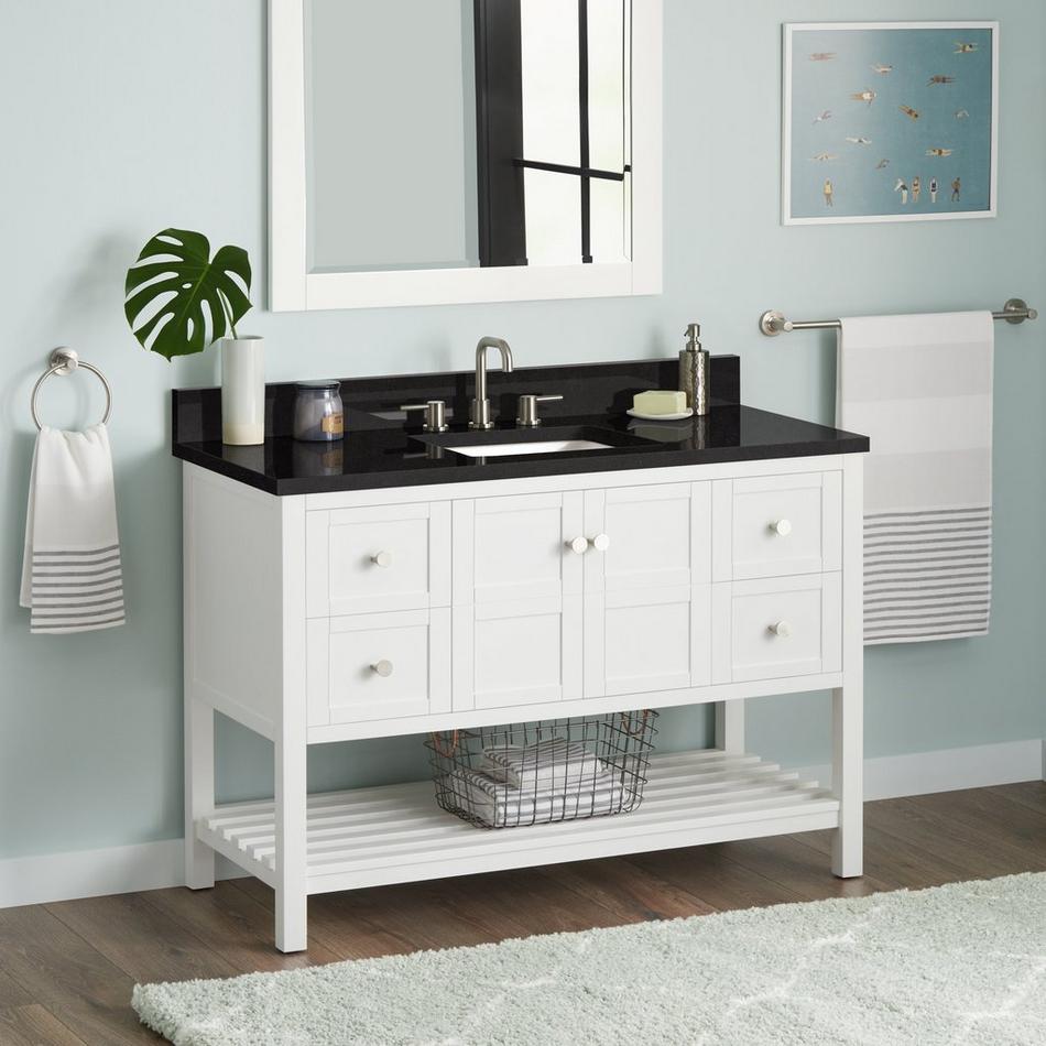 48" Olsen Console Vanity - Soft White - BN Hardware - Carbon Black Quartz Widespread, White RUM Sink, , large image number 0