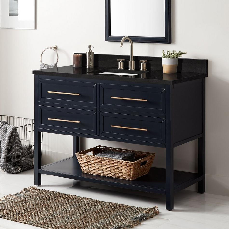 48" Robertson Mahogany Console Vanity - Midnight Navy Blue - Carbon Black Quartz 8" Holes - RUM Sink, , large image number 0