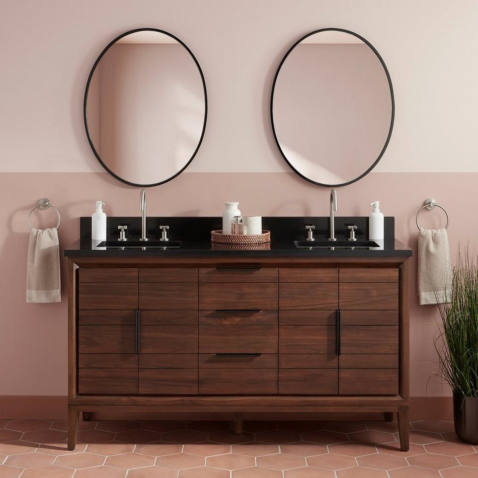 60" Aliso Teak Double Vanity for Rect Undermount - Java - Carbon Black Quartz 8" - White Sinks, , large image number 0