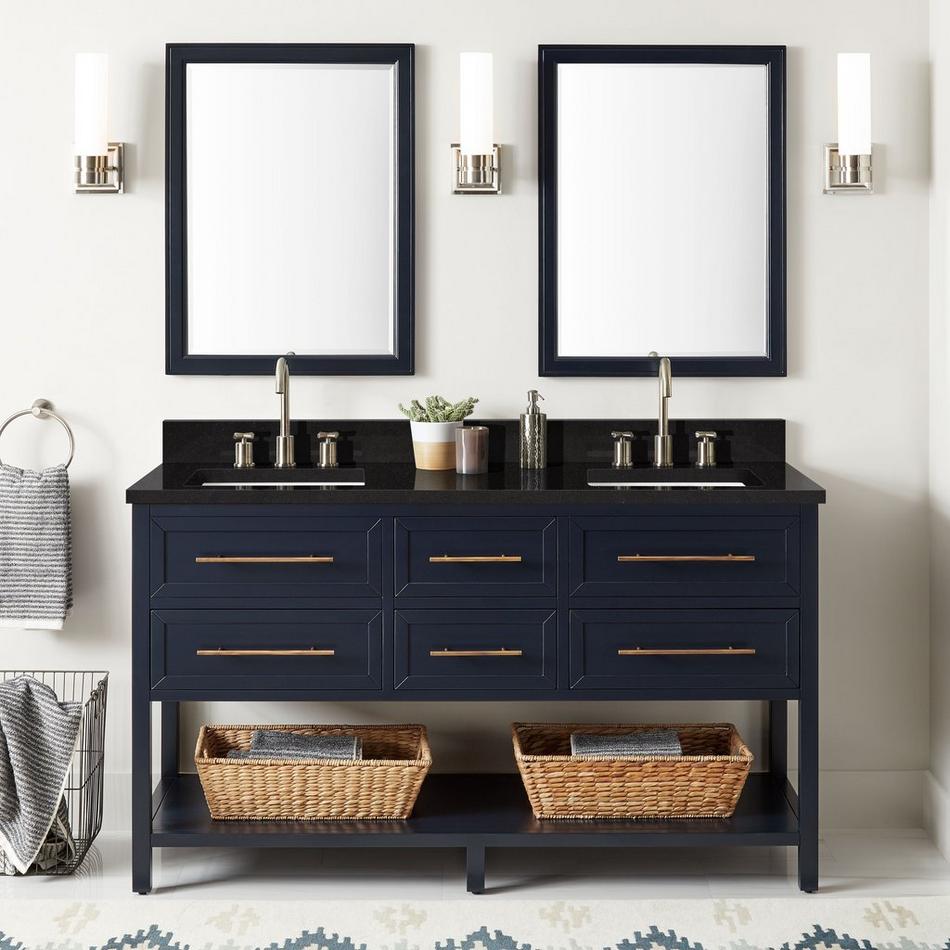60" Robertson Mahogany Console Double - Midnight Navy - Carbon Black Quartz 8" Holes - RUM Sink, , large image number 0