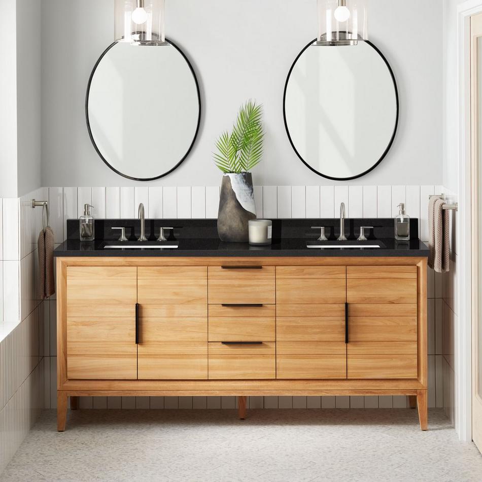 72" Aliso Double Vanity with Rectangular Undermount Sinks - Natural Teak - Carbon Black Widespread, , large image number 0