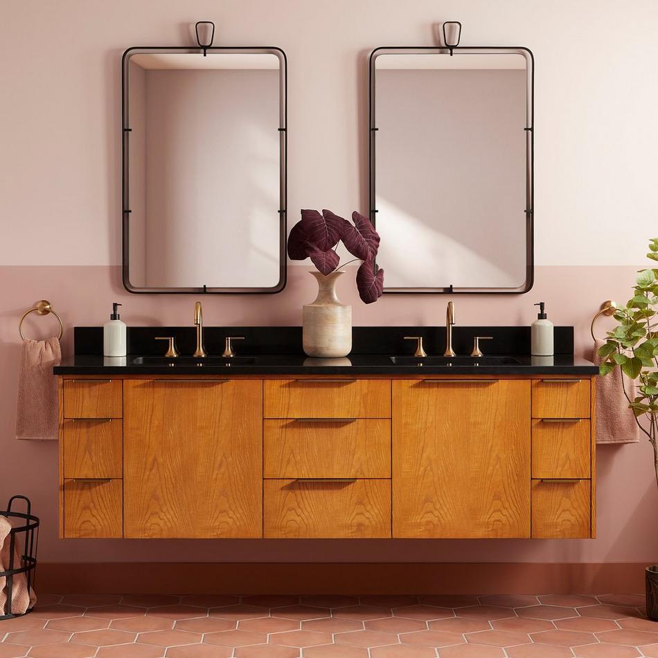 72" Dita Wall-Mount Double Vanity with Rectangular Undermount Sinks - Honey Oak - Carbon Black - 8", , large image number 0