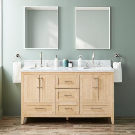 60" Arrietty Vanity with Outlets - Undermount Sinks - Natural Bamboo