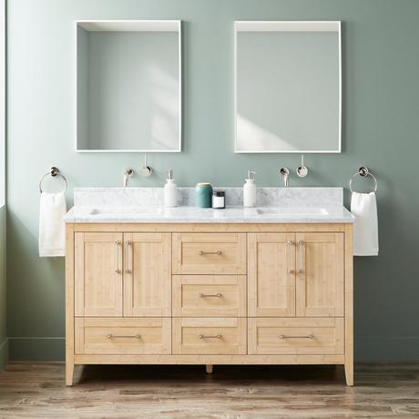 60" Arrietty Vanity with Outlets - Rect Undermount Sinks - Natural Bamboo