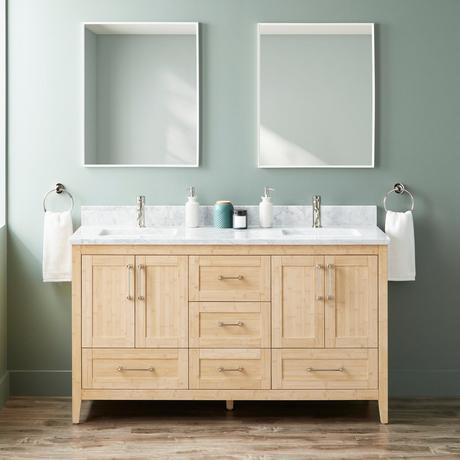 60" Arrietty Vanity with Outlets - Rect Undermount Sinks - Natural Bamboo