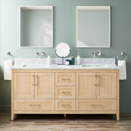 72" Arrietty Vanity with Outlets - Rect Undermount Sinks - Natural Bamboo