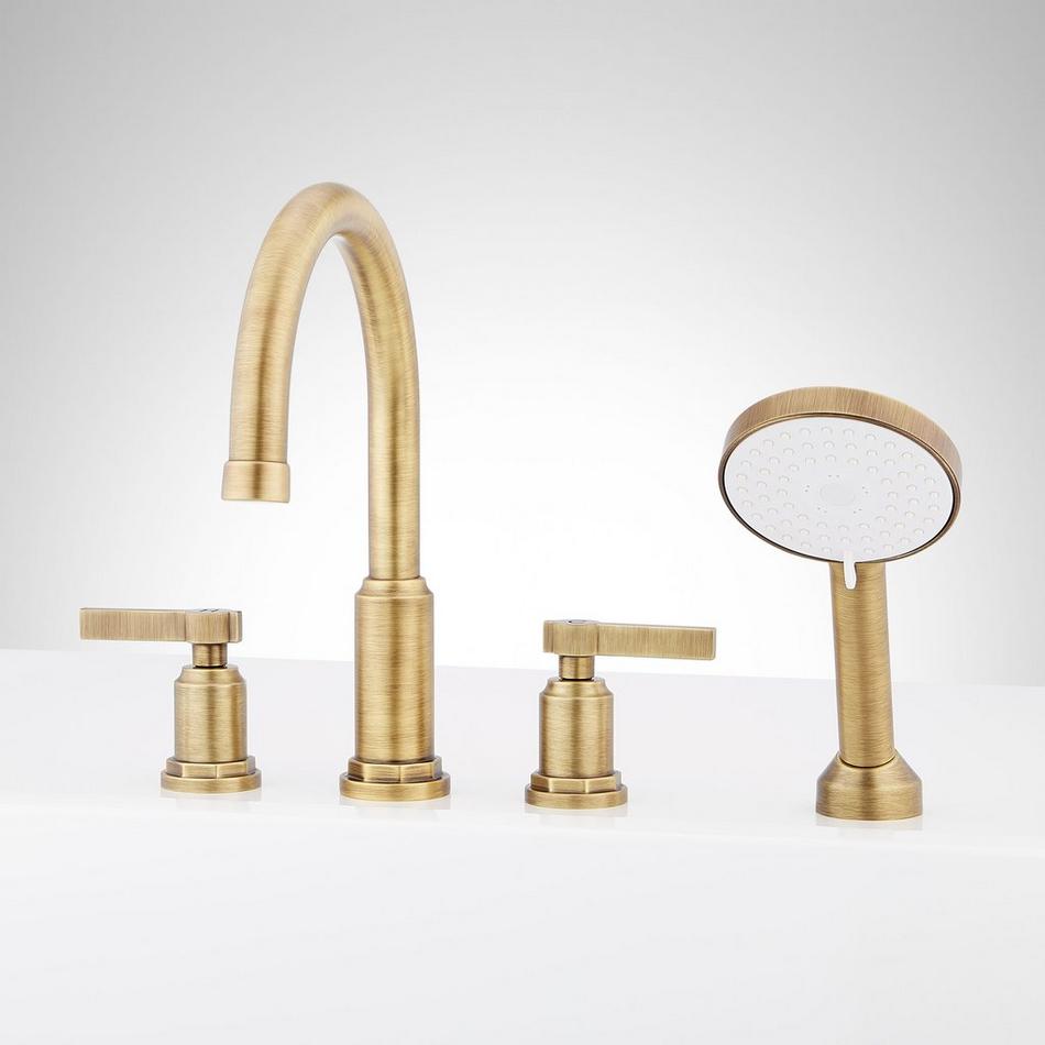 Greyfield 4-Hole Roman Tub Faucet and Hand Shower with Rough-In Valve - Aged Brass, , large image number 0