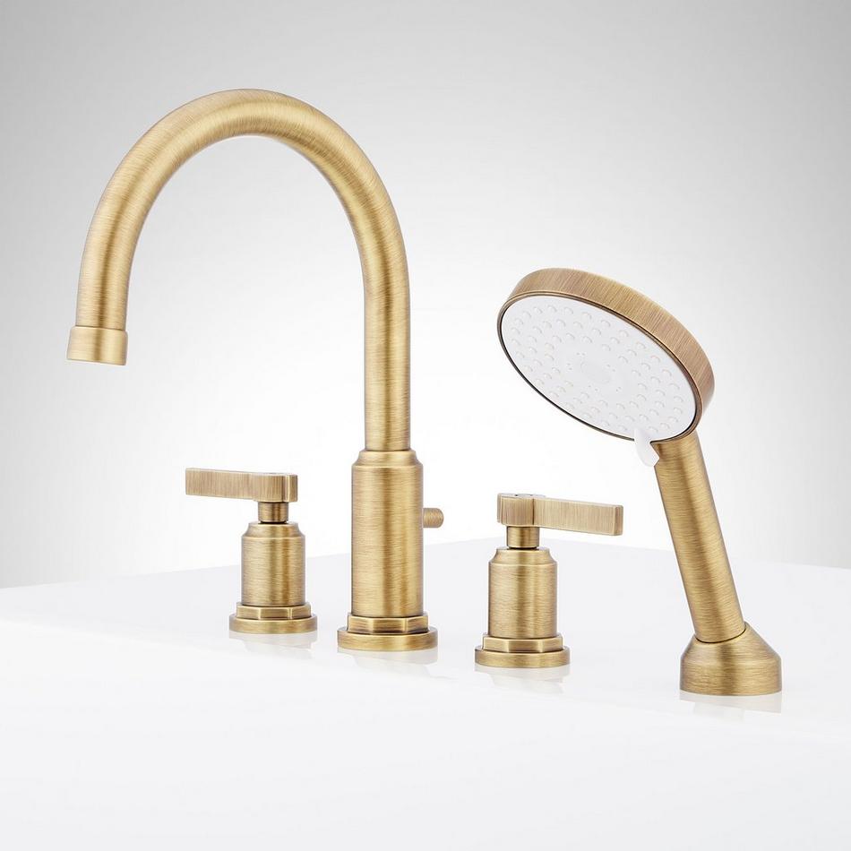 Greyfield 4-Hole Roman Tub Faucet and Hand Shower with Rough-In Valve - Aged Brass, , large image number 1