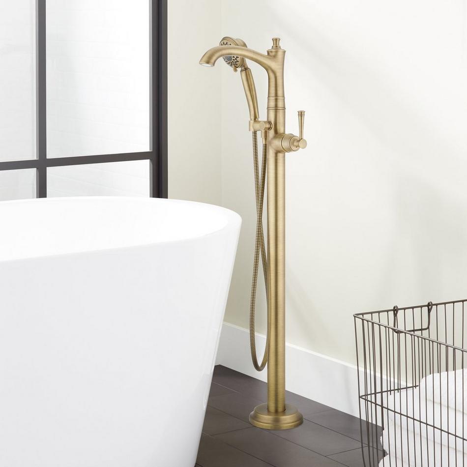 Beasley Freestanding Tub Faucet with Hand Shower and  Rough-In Valve with Stops - Aged Brass, , large image number 0