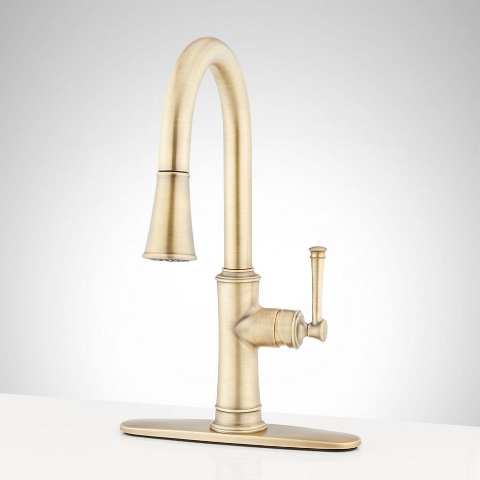 Beasley Single-Hole Pull-Down Kitchen Faucet with Deck Plate - Aged Brass, , large image number 0