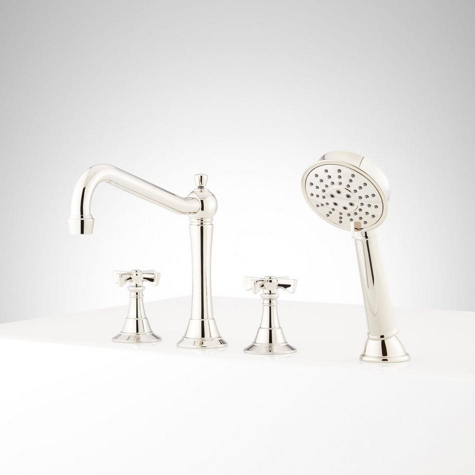 Marceau 4-Hole Roman Tub Faucet and Hand Shower with Rough-In Valve - Cross - Polished Nickel, , large image number 1