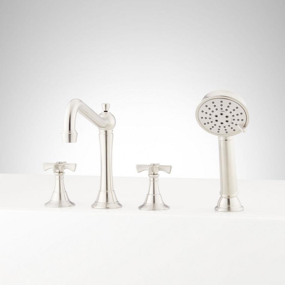 Marceau 4-Hole Roman Tub Faucet and Hand Shower with Rough-In Valve - Cross Handles - Brushed Nickel, , large image number 0