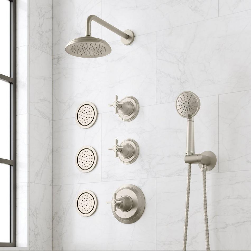 Marceau Thermostatic Shower System With 3 Body Sprays and Hand Shower - Cross - Brushed Nickel, , large image number 0