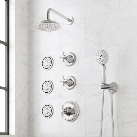 Marceau Thermostatic Shower System With 3 Body Sprays and Hand Shower - Cross Handles