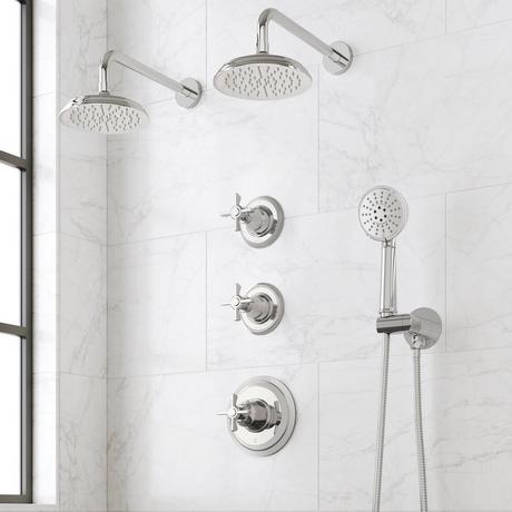 Marceau Thermostatic Shower System With Dual Showerheads and Hand Shower - Cross Handles
