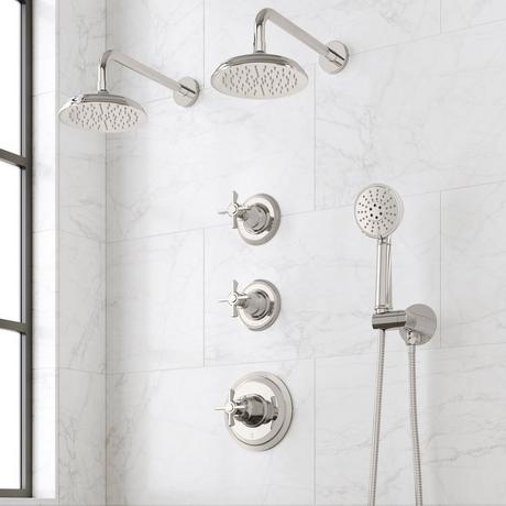 Marceau Thermostatic Shower System With Dual Showerheads and Hand Shower - Cross Handles