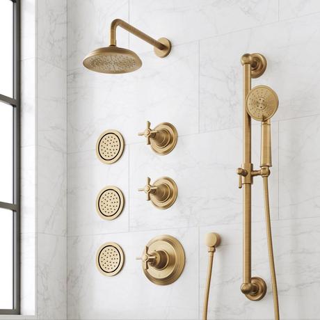Marceau Thermostatic Shower System With 3 Body Sprays, Slide Bar and Hand Shower - Cross Handles