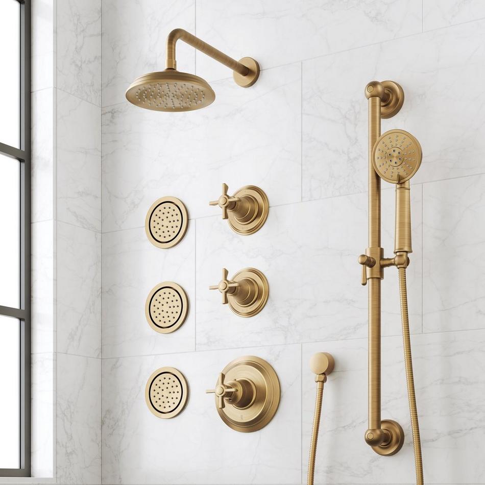 Marceau Thermostatic Shower With 3 Body Sprays, Slide Bar & Hand Shower - Cross - Aged Brass, , large image number 0