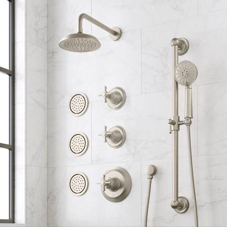 Marceau Thermostatic Shower System With 3 Body Sprays, Slide Bar and Hand Shower - Cross Handles