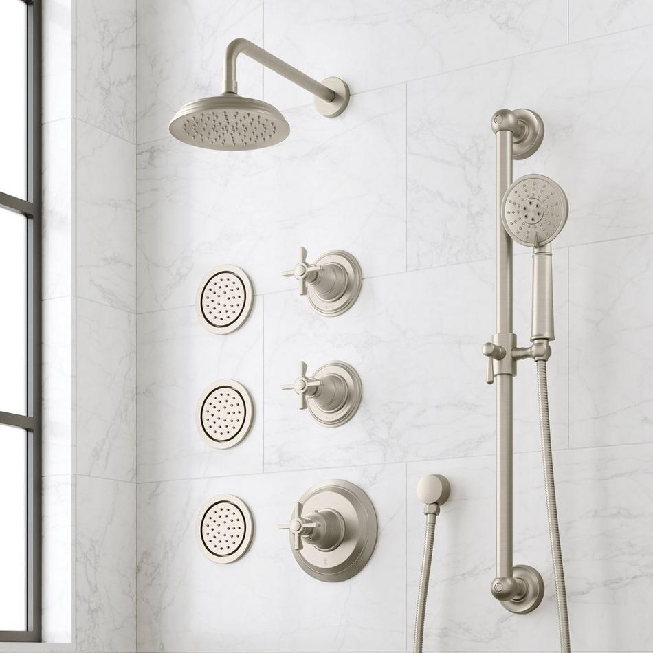 Marceau Thermostatic Shower System With 3 Body Sprays, Slide Bar and Hand Shower - Cross Handles, , large image number 1