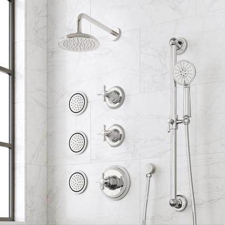 Marceau Thermostatic Shower System With 3 Body Sprays, Slide Bar and Hand Shower - Cross Handles