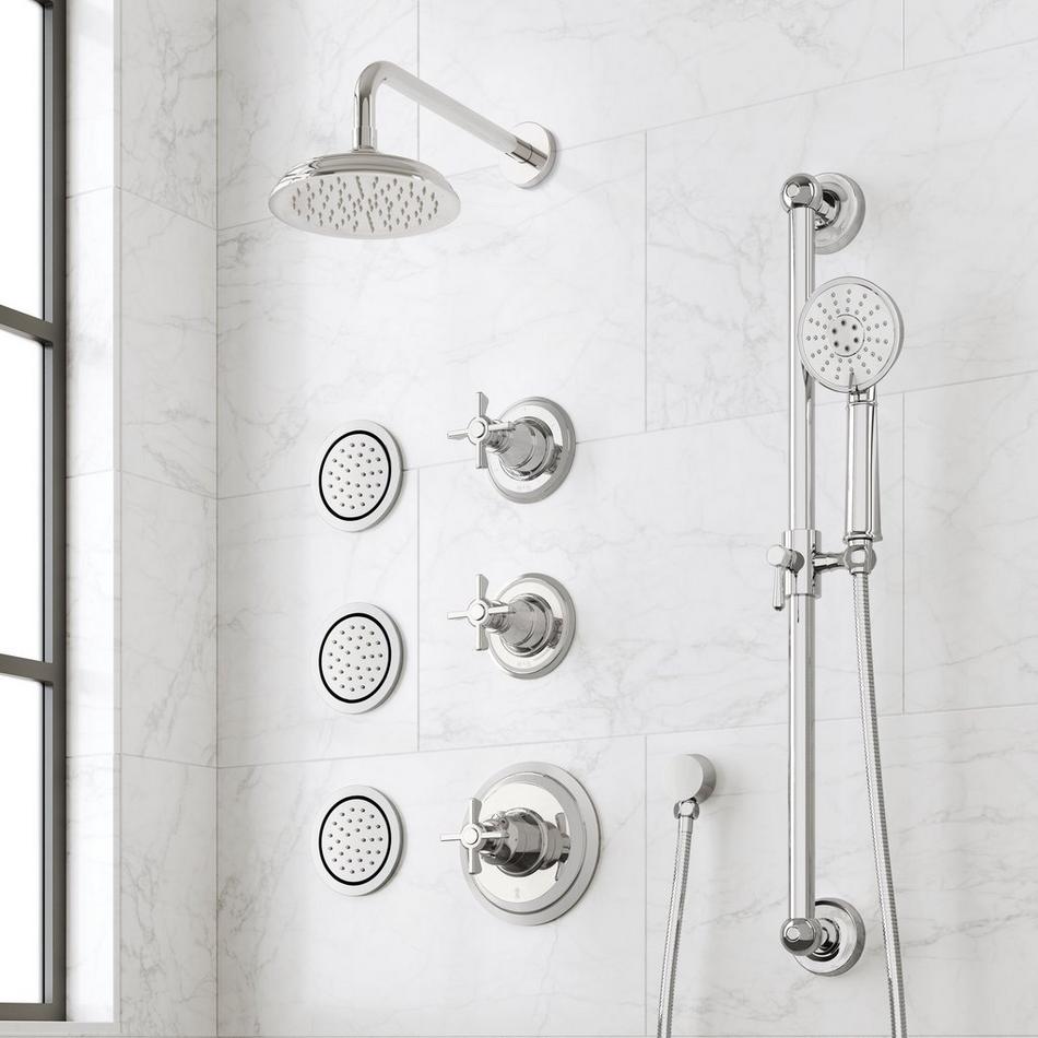 Marceau Thermostatic Shower System With 3 Body Sprays, Slide Bar and Hand Shower - Cross Handles, , large image number 2