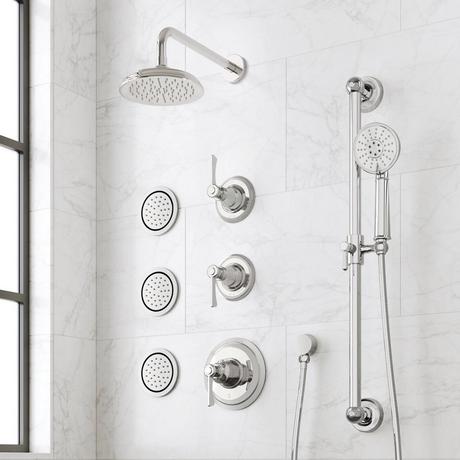 Marceau Thermostatic Shower System With 3 Body Sprays, Slide Bar and Hand Shower - Lever Handles