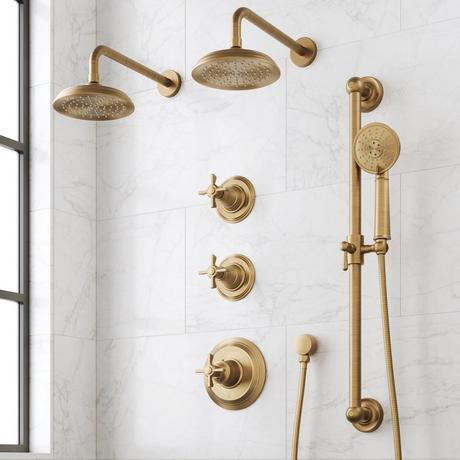 Marceau Thermostatic Shower System With Dual Showerheads, Slide Bar and Hand Shower - Cross Handles