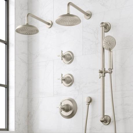 Marceau Thermostatic Shower System With Dual Showerheads, Slide Bar and Hand Shower - Cross Handles
