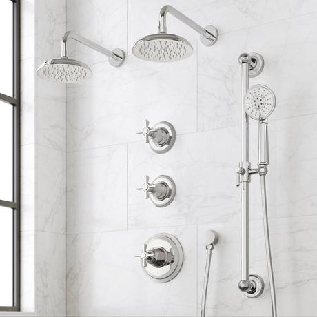 Marceau Thermostatic Shower System With Dual Showerheads, Slide Bar and Hand Shower - Cross Handles