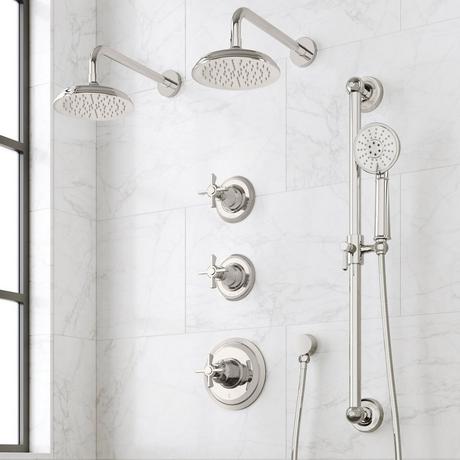 Marceau Thermostatic Shower System With Dual Showerheads, Slide Bar and Hand Shower - Cross Handles