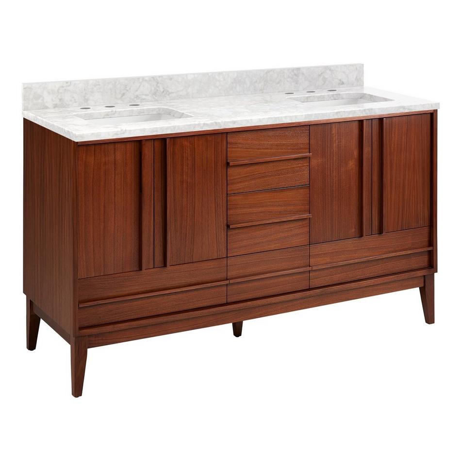60" Sybill Mahogany Double Vanity - Outlets - Rect Undermount - Washed Walnut - Carrara - 3 Hole, , large image number 0