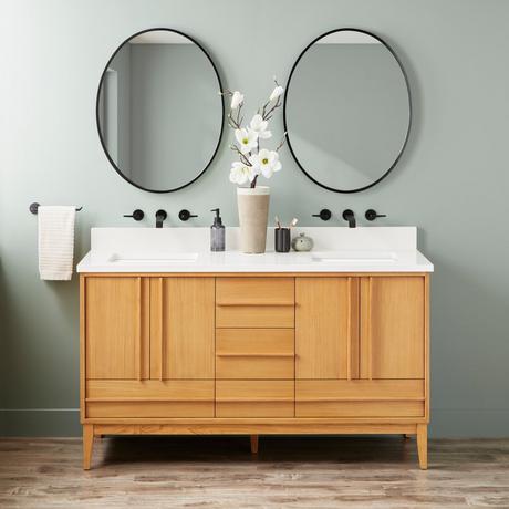 60" Sybill Double Vanity - Outlets - Rect Undermount - Natural Teak