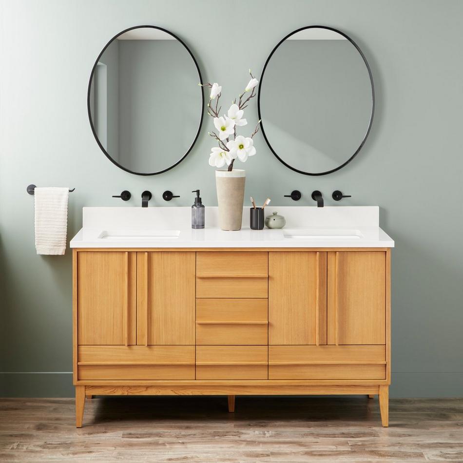 60" Sybill Double Vanity - Outlets - Rect Undermount - Natural Teak, , large image number 1