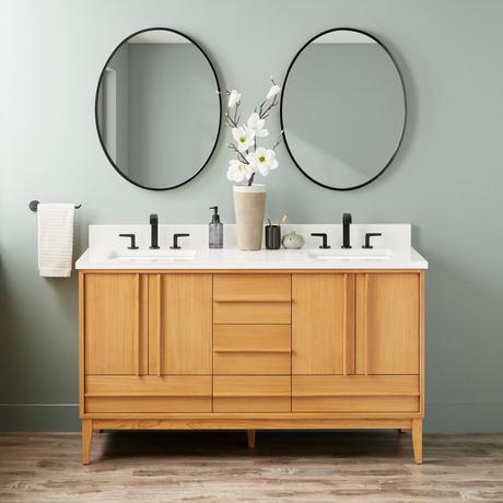 60" Sybill Double Vanity - Outlets - Rect Undermount - Natural Teak