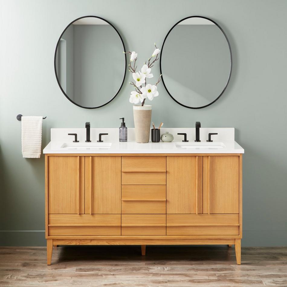 60" Sybill Double Vanity - Outlets - Rect Undermount - Natural Teak, , large image number 0
